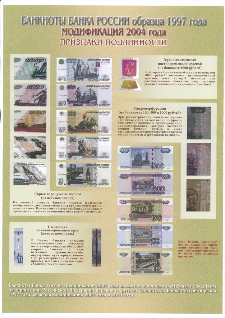 Признаки подлинности российских рублей образца 1997 года модификации 2004 года